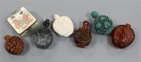 Six assorted Chinese snuff bottles and a bone casket